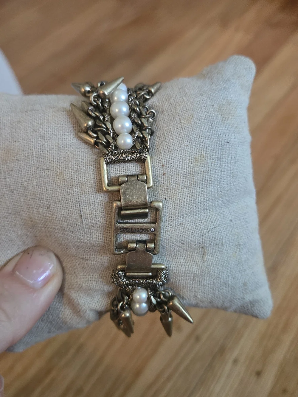 Stella & Dot White Pearl and Antique Gold Spike Layered Bracelet